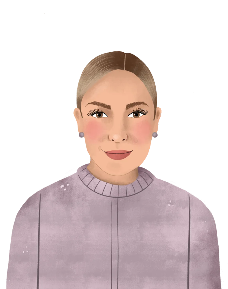 Illustration of a person with light brown hair, wearing a lavender-colored sweater and stud earrings, set against a plain background. Featured in our 2023 