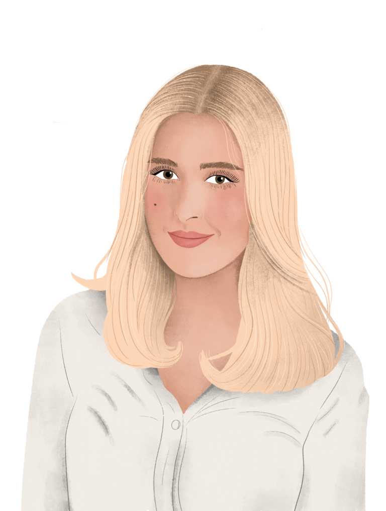 Illustration for our About Us 2023 page: A woman with shoulder-length blond hair, wearing a white shirt and smiling gently against a plain background.