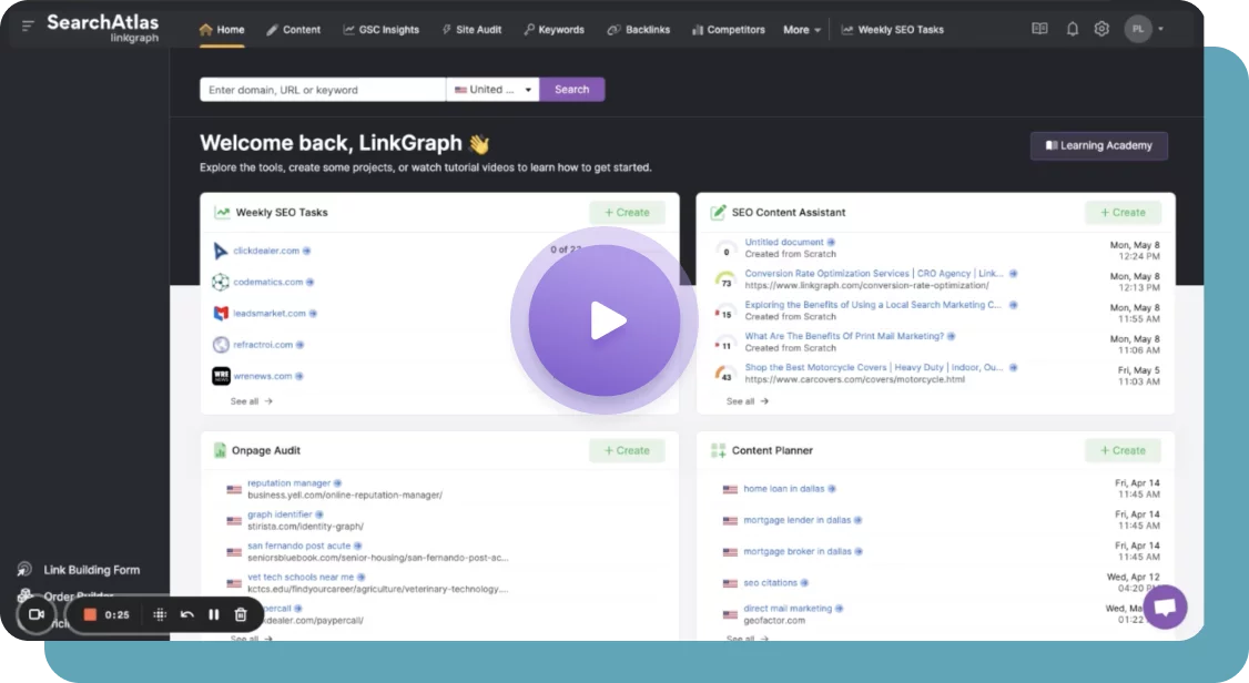 Search Atlas Dashboard with play icon