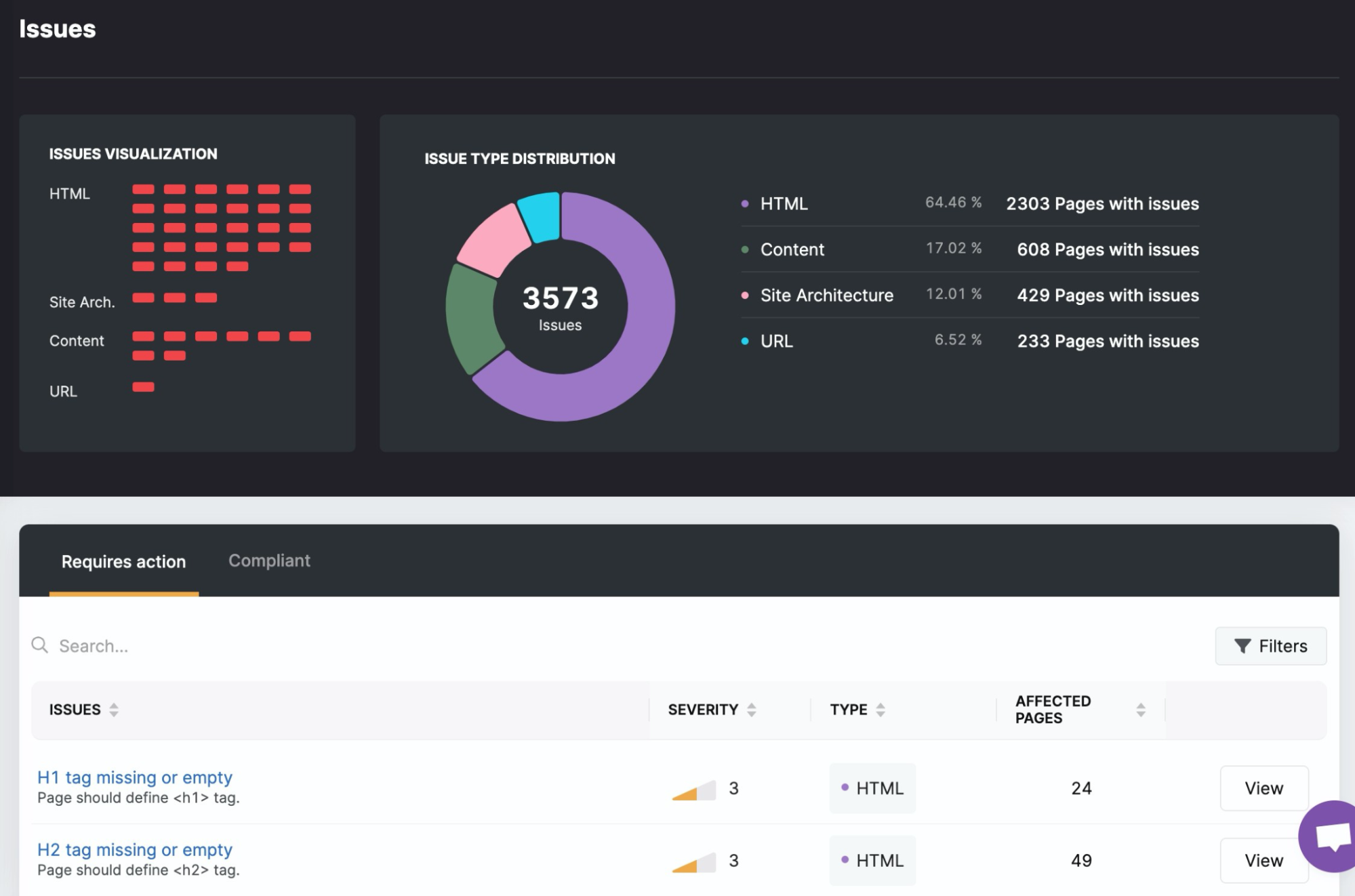 A screenshot of Search Atlas’s issues reporting tool for site performance
