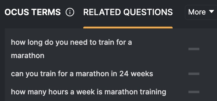 Related Questions screenshot in Search Atlas on the topic of marathons
