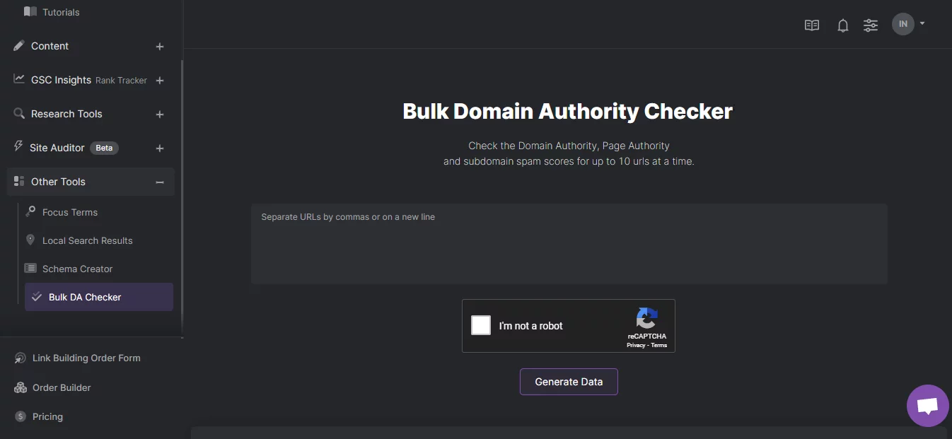 A screenshot of the free Domain Authority Checker.