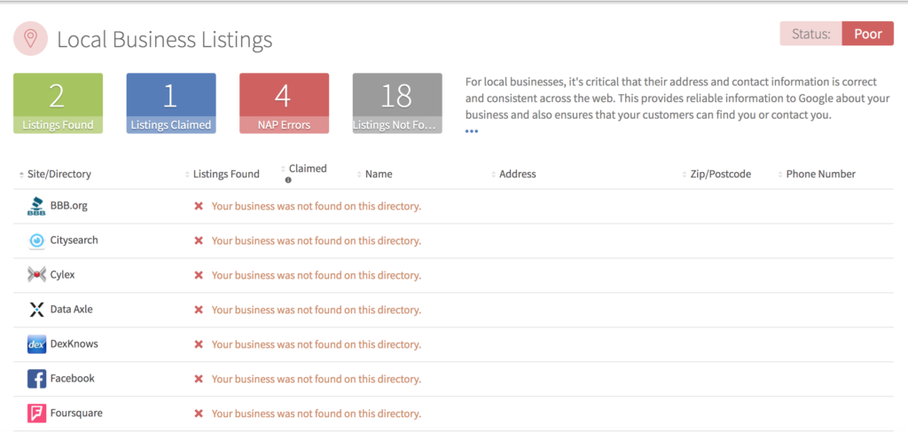 A screenshot of the local business settings page with a few useful local SEO tools.