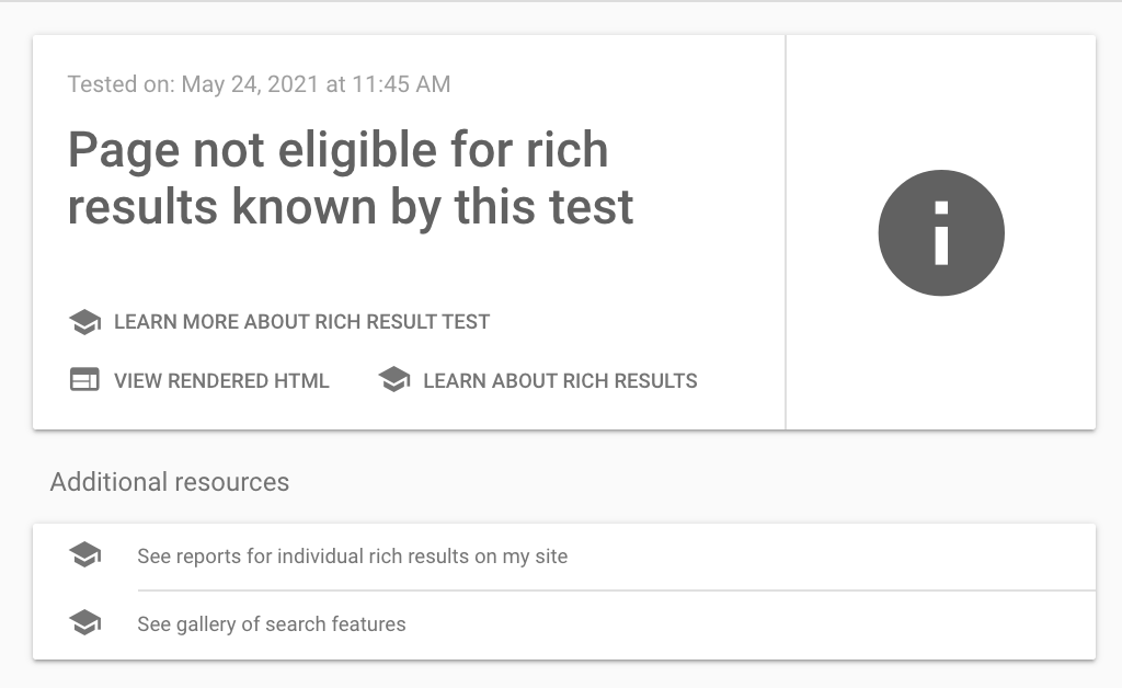 Google page not eligible for rich results known by local SEO tools.