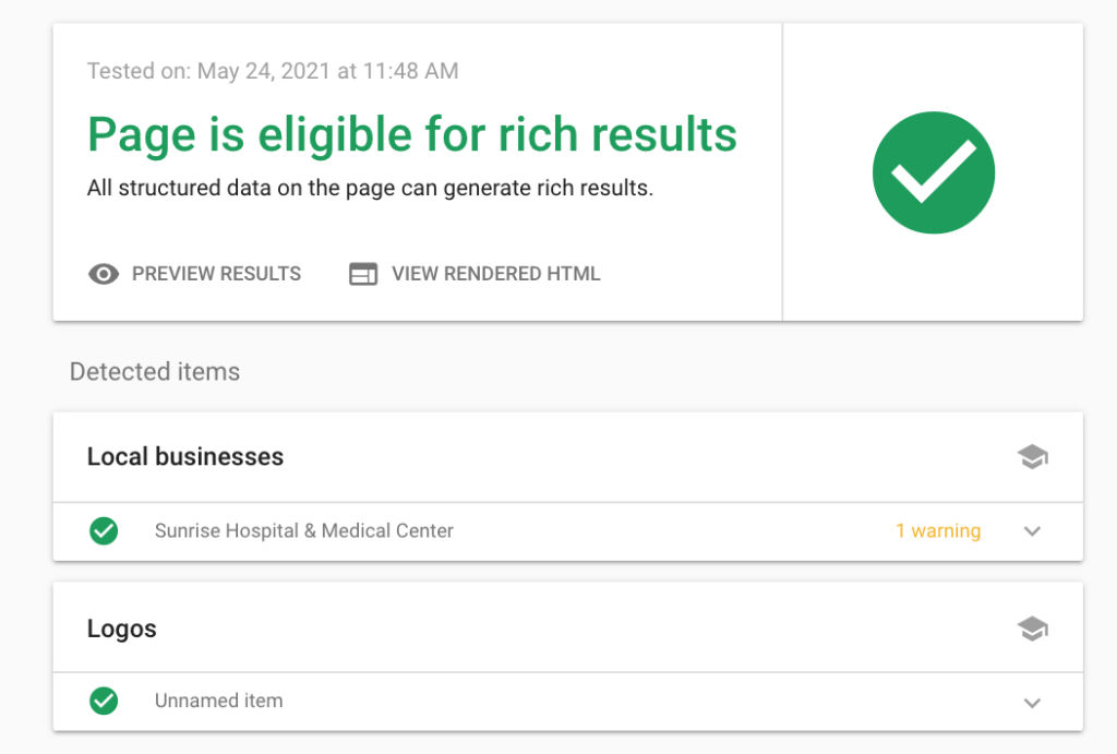 A Google search page displaying results for a webpage.