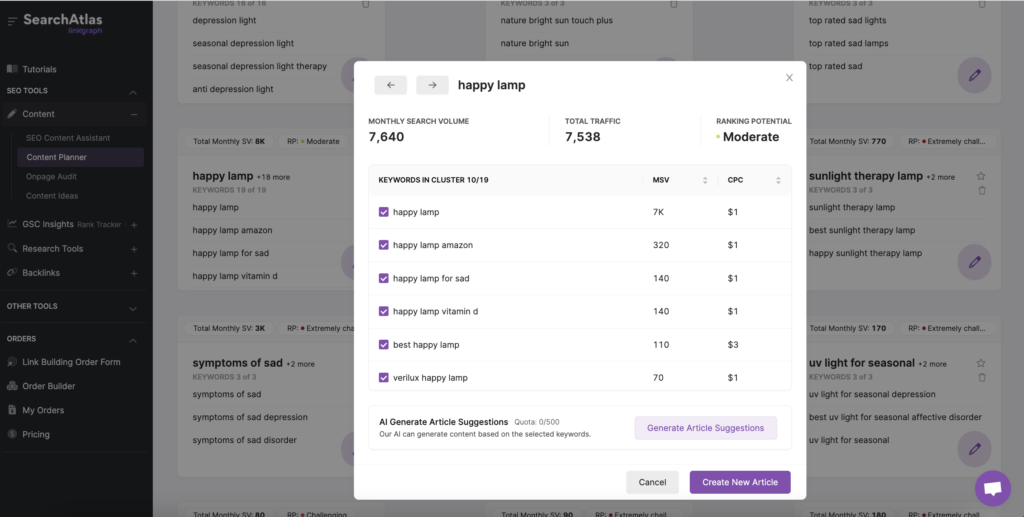 screenshot of a keyword cluster generated by the Search Atlas content planner