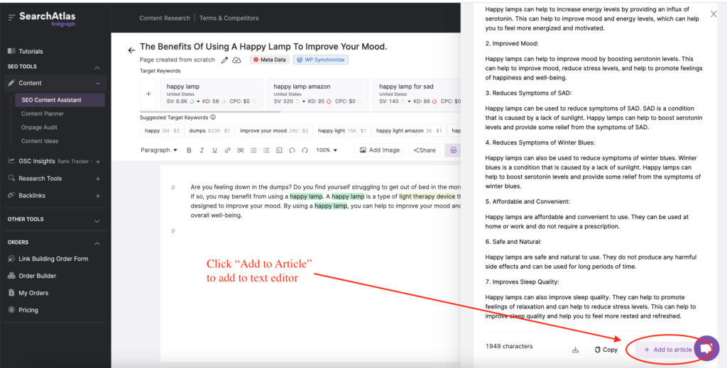 screenshot of AI generated subtopics in Search Atlas with a red arrow pointing to the Add to Article button