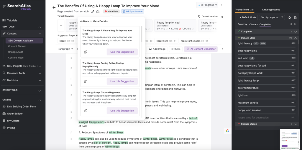 List of AI Generated title tags and meta descriptions in Search Atlas