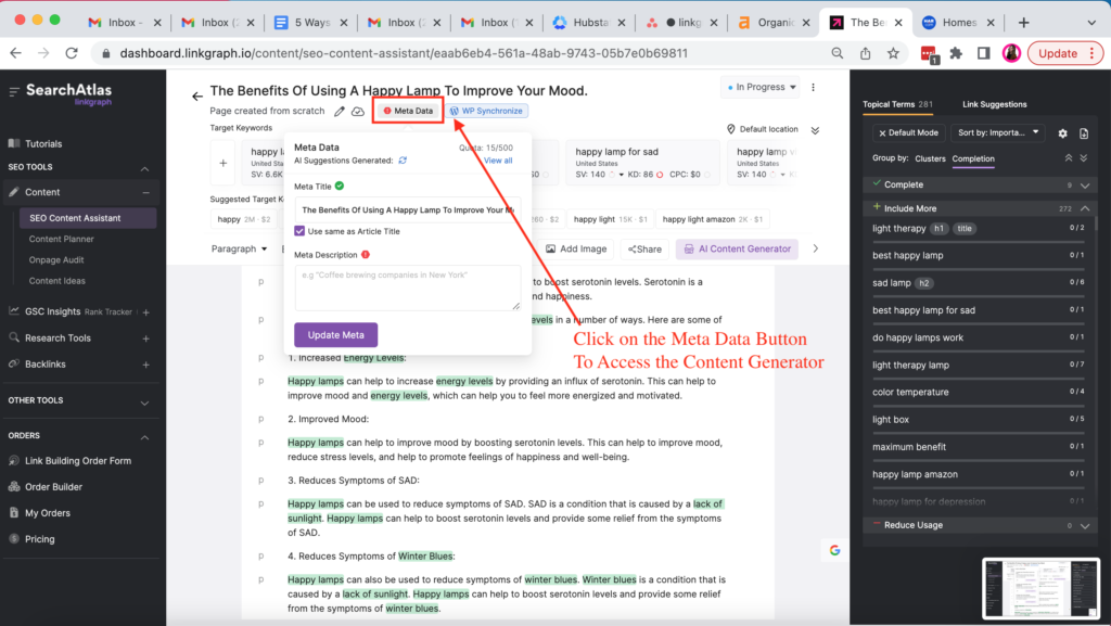 Screenshot of meta tag AI generator in Search Atlas SEO Content Assistant