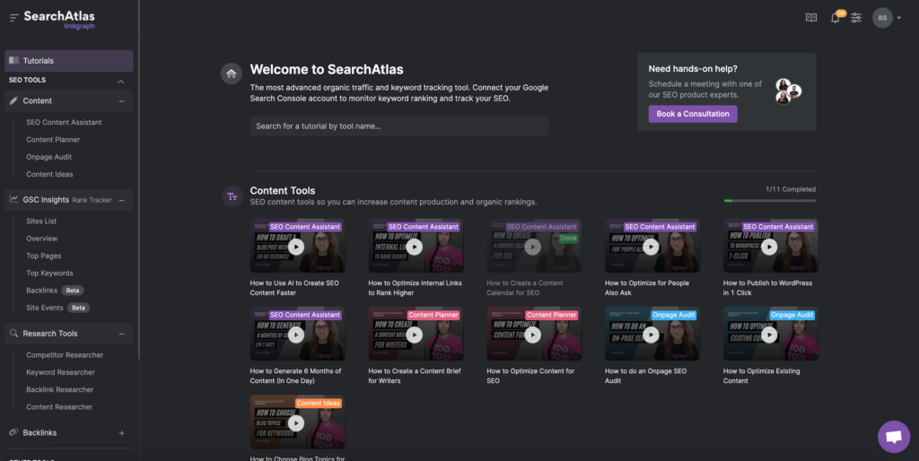 Search Atlas Dashboard home screen