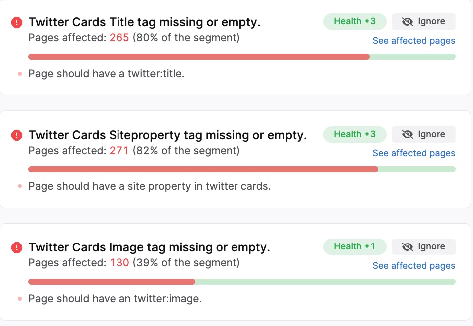 screenshot of missing twitter cards in Search Atlas site auditor