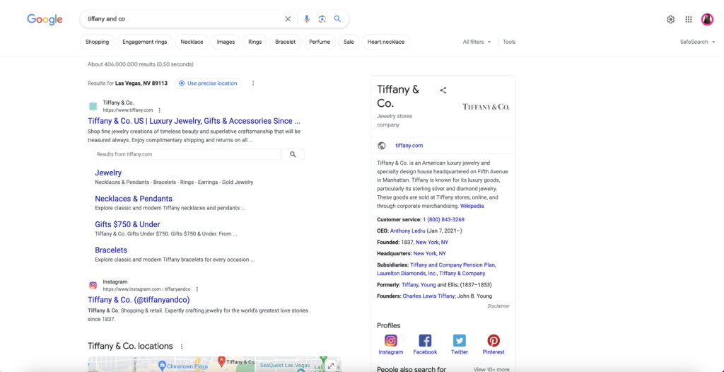 Branded search results for the jewelery retailer Tiffany & Co.