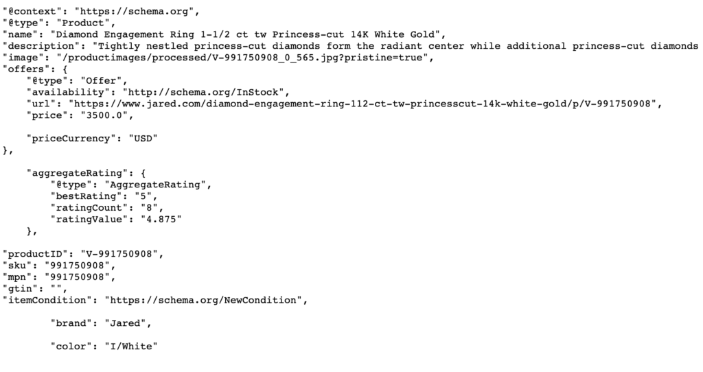 Screenshot of JSON-LD markup for product schema