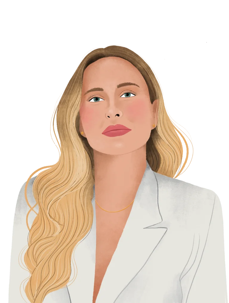 Illustration of a woman with long blonde hair, wearing a white blazer and a gold necklace, looking slightly upwards. Perfect for the About Us section in 2023.