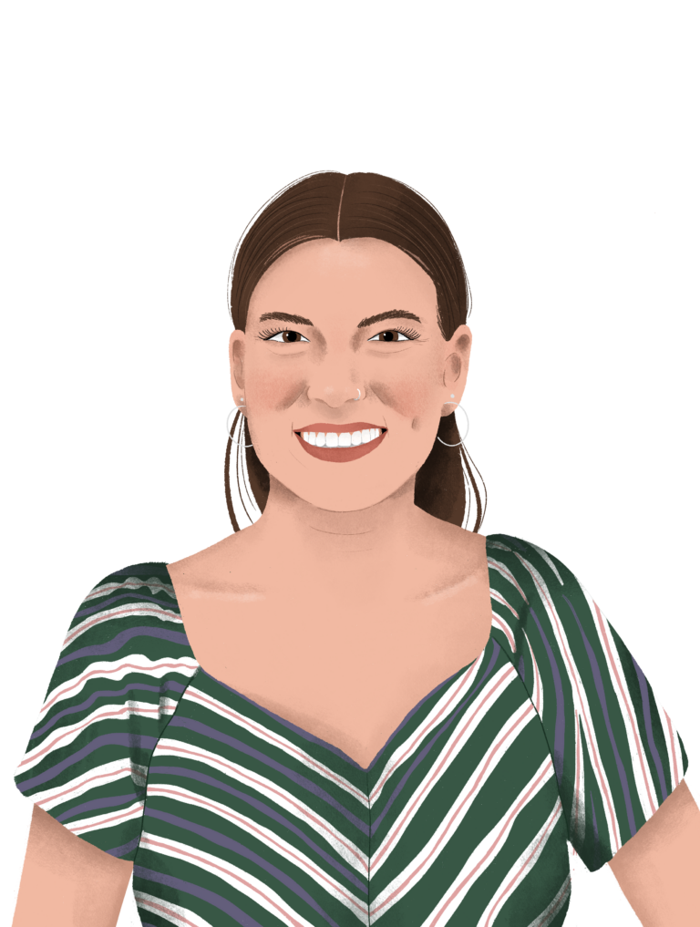 Illustration of a smiling person with long brown hair, wearing a green and white striped top and hoop earrings, against a black background. This 2023 update brings new life to our About Us page.