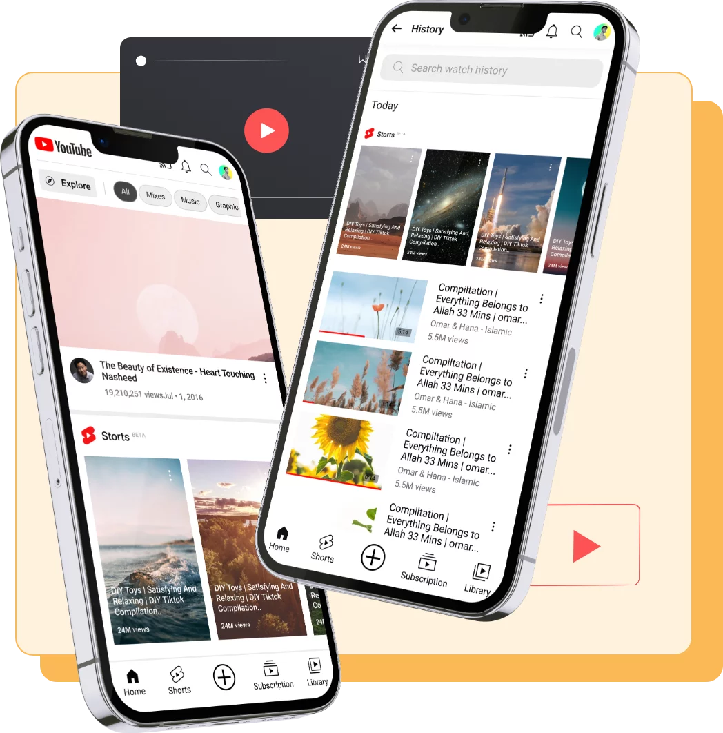 YouTube app open showing videos in two mobile phones
