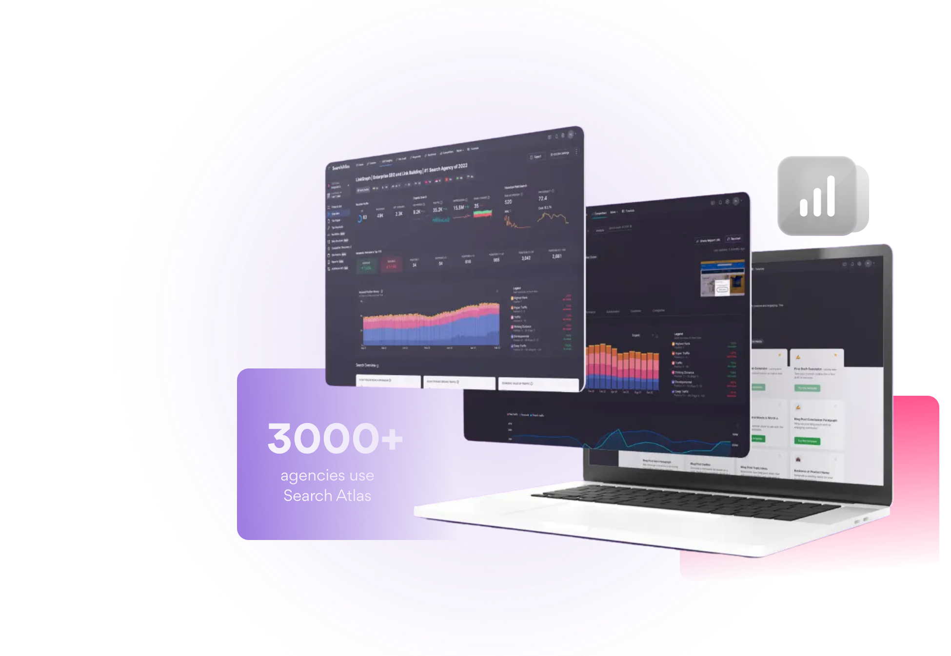 Three overlapping laptop screens display data analytics dashboards, highlighting the power of free SEO tools. Text reads "3000+ agencies use Search Atlas" with a purple circular background and a chart icon on the right.