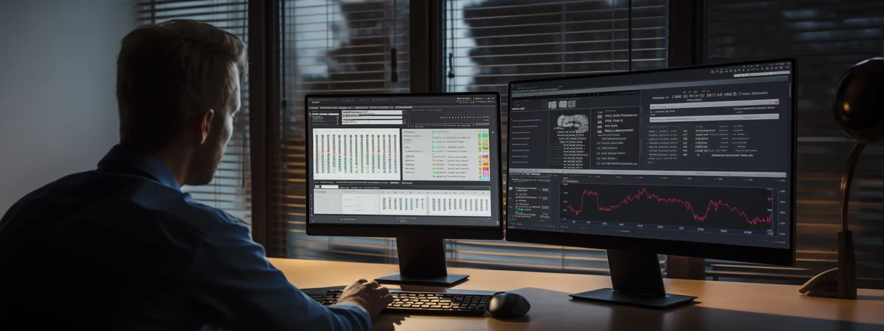 a person sitting at a desk with a computer screen showing real-time reporting updates for white label link building.
