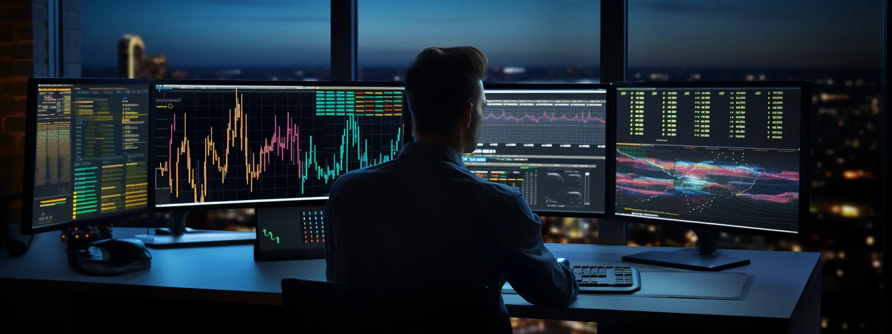 a person at a computer desk surrounded by charts and graphs, working on their seo strategy.