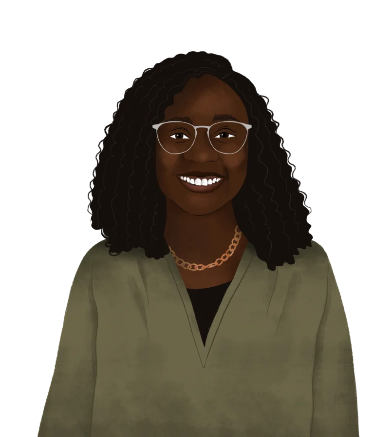 Illustration of a person with curly hair, wearing glasses, a gold necklace, and a green top, smiling against a black background. This 2023 depiction captures the essence of our 