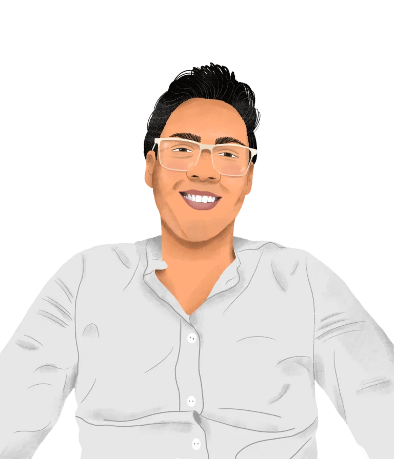 Illustration from 2023 of a person with glasses, smiling warmly in a light-colored shirt, embodying the welcoming spirit of our 