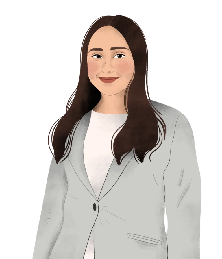 Illustration of a person with long brown hair in a gray blazer and white top, smiling slightly, perfectly capturing the warm spirit of our 2023 About Us page.