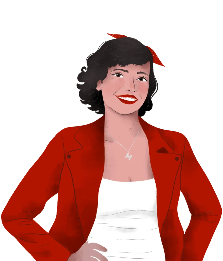 Illustration for 2023: A smiling person with curly hair wearing a red jacket and headband, arms akimbo, reflecting the vibrant spirit of our 