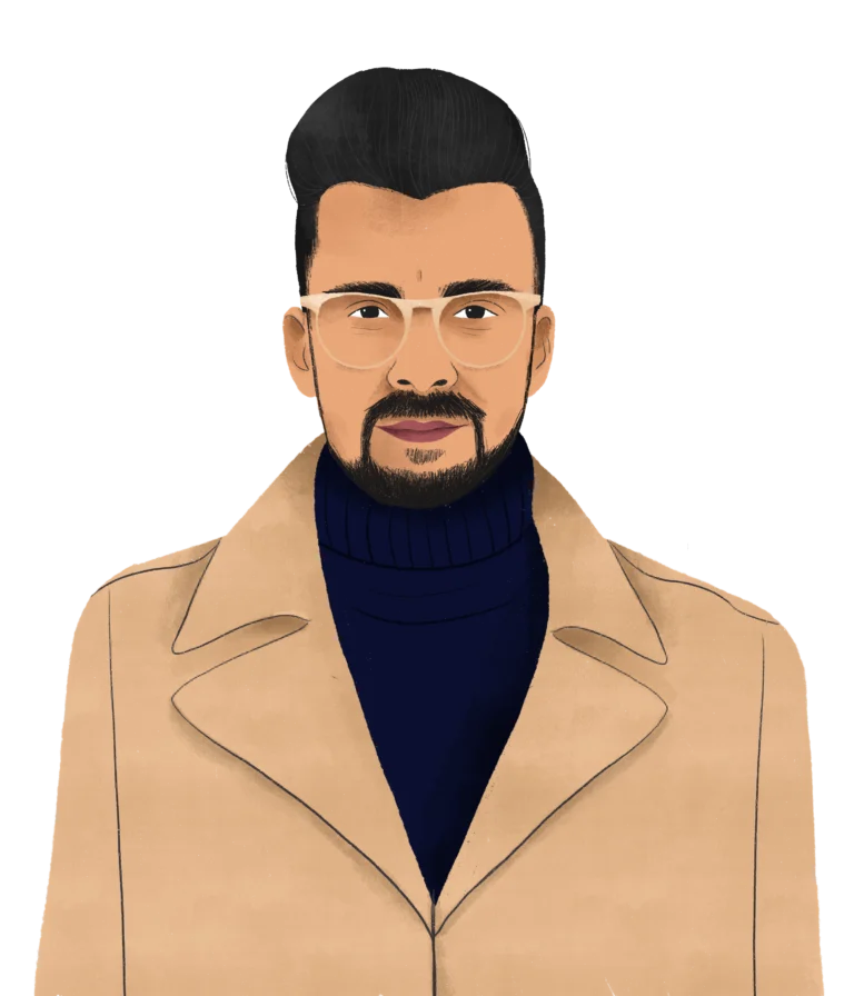 In this 2023 illustration, a person with glasses, a beard, and short hair exudes style in a tan coat over a navy turtleneck, capturing the essence of our 