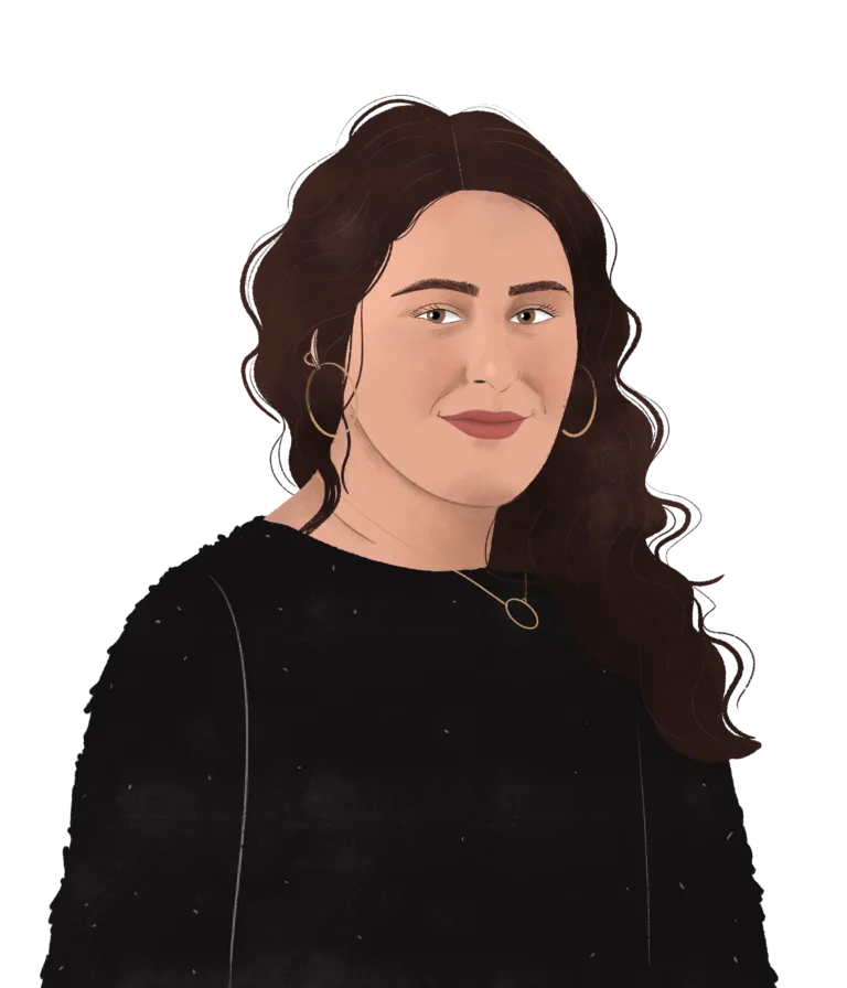 Illustration of a woman with long brown hair, wearing hoop earrings and a black top—capturing the timeless elegance of 2023.