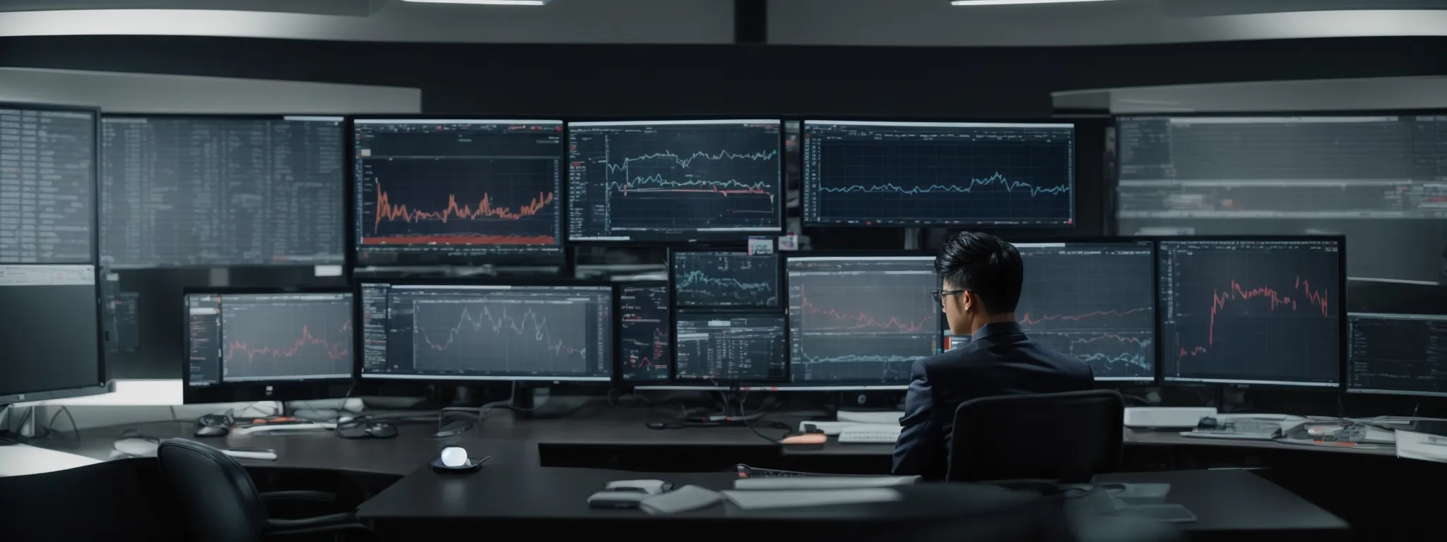 an individual intently analyzing vibrant graphs and charts that illustrate keyword performance on a computer screen within a modern office setting.
