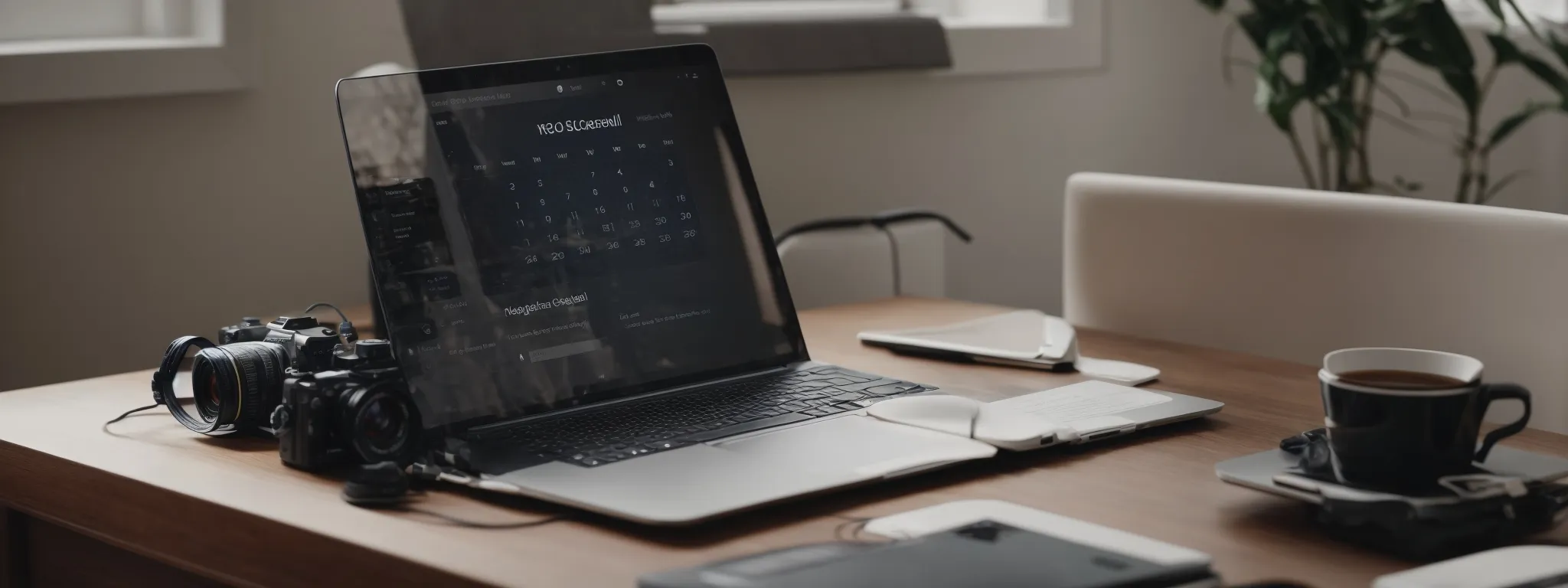 a laptop with an open calendar and a camera lying beside it on a minimalist desk, symbolizing a planned seo strategy for a photographer's blog.