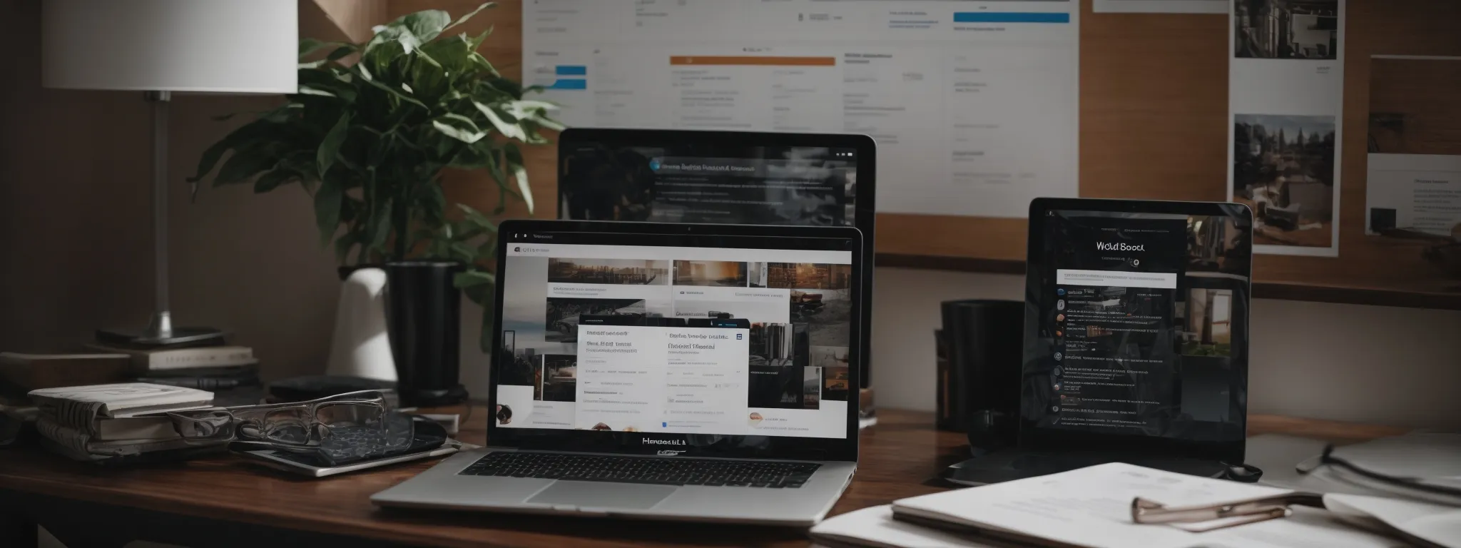 a laptop on a desk displaying a wordpress dashboard surrounded by seo strategy paperwork.