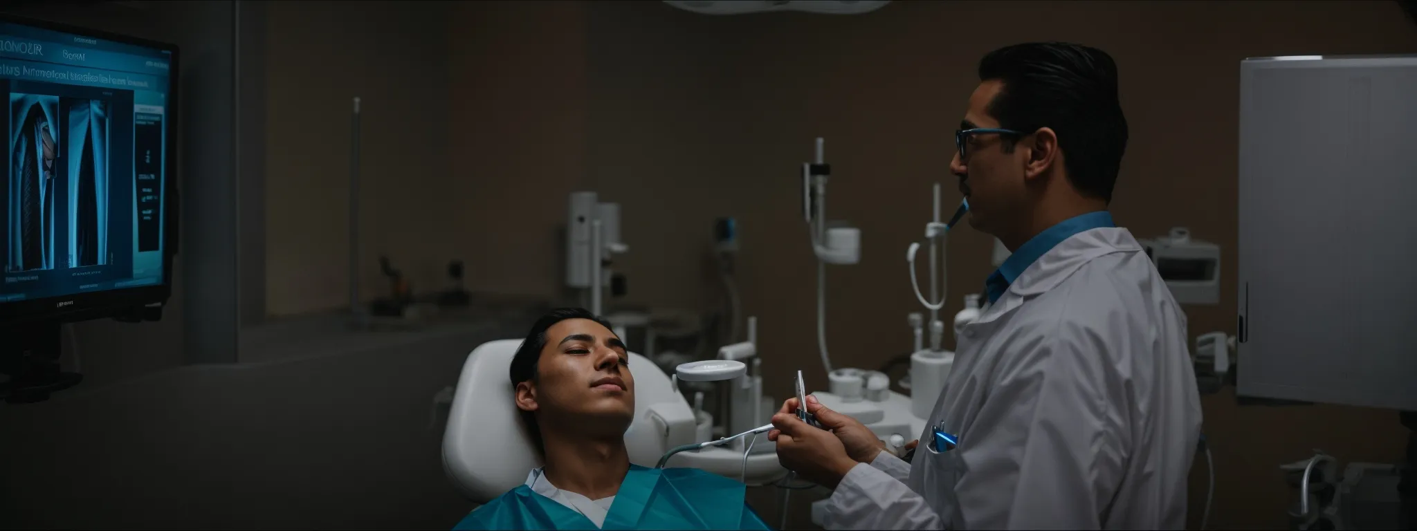 a dentist showing a patient an informative screen on dental health.