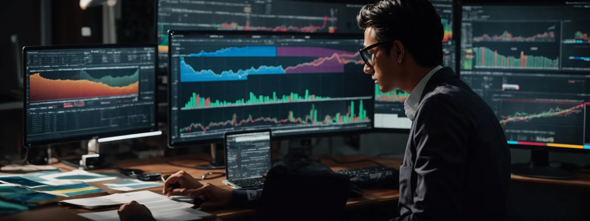a person analyzing colorful graphs and charts on a computer screen reflecting website traffic and performance metrics.