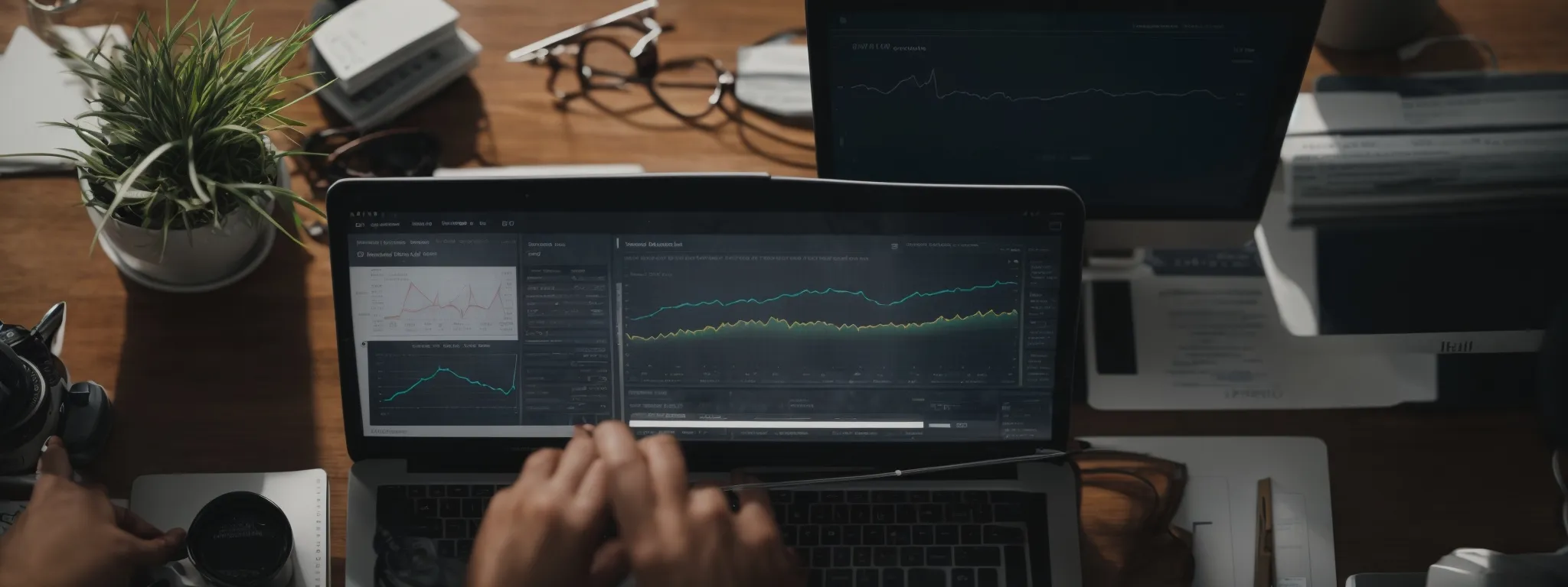a top-down view of a person sitting at a desk with a computer displaying graphs and analytics on a wordpress dashboard.