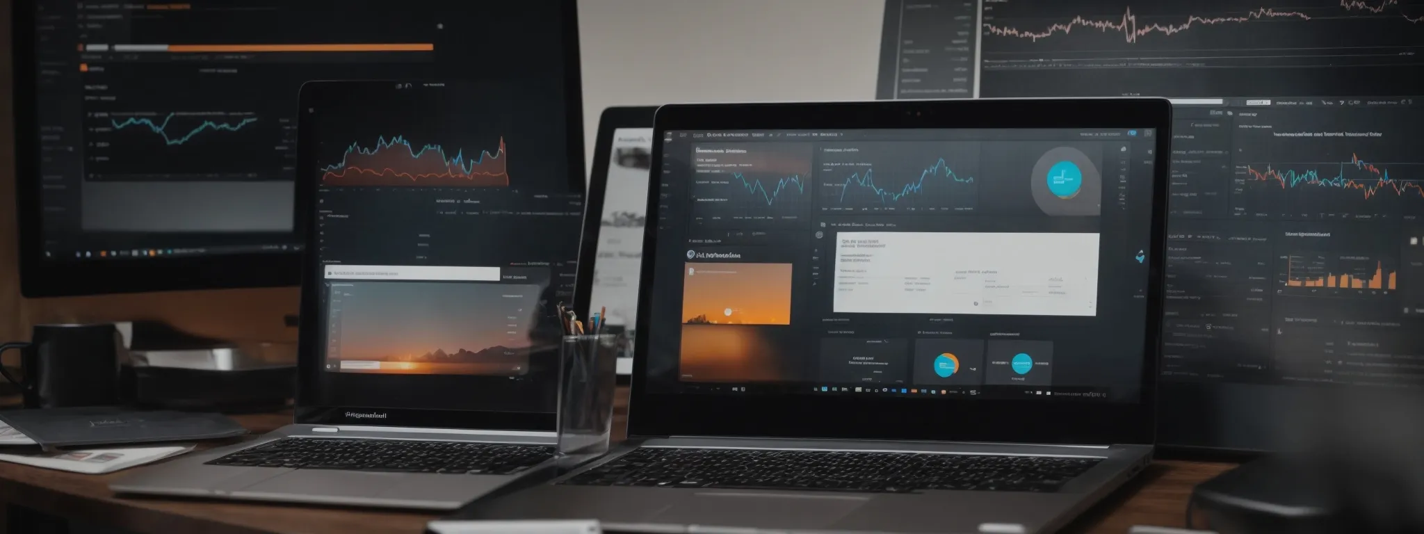 a laptop with wordpress open on the screen, surrounded by marketing analytics charts and graphs.