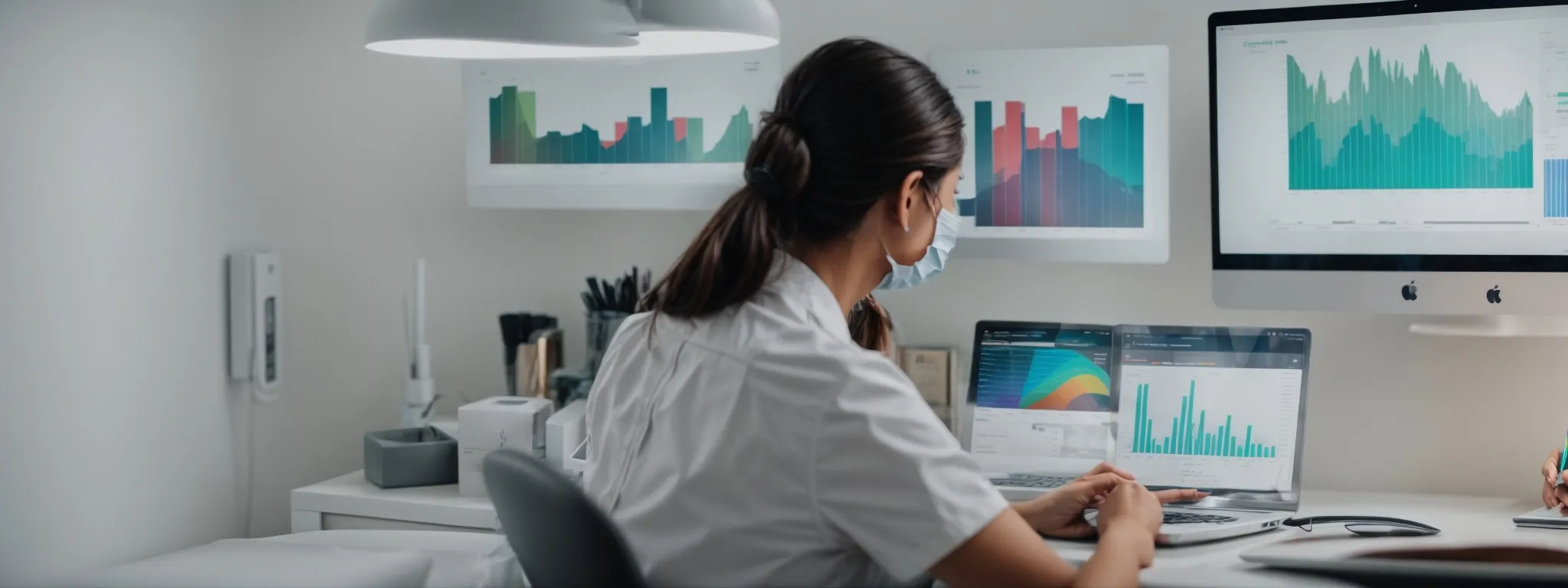 a dentist consulting a laptop displaying colorful graphs and charts to analyze and select effective keywords for their practice's website.