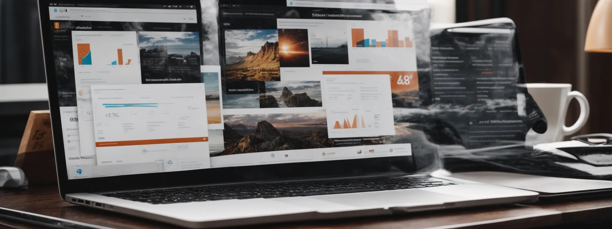 a laptop displaying a wordpress dashboard with an seo plugin open, surrounded by marketing analytics charts and a coffee cup.