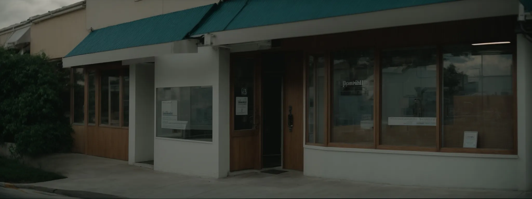 a dental clinic's storefront, prominently displaying its name, with a satisfied patient exiting the door.