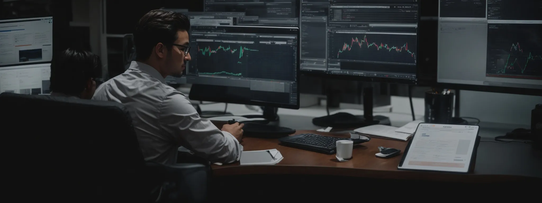 a social media strategist examines analytics on a computer screen while strategizing an seo campaign.