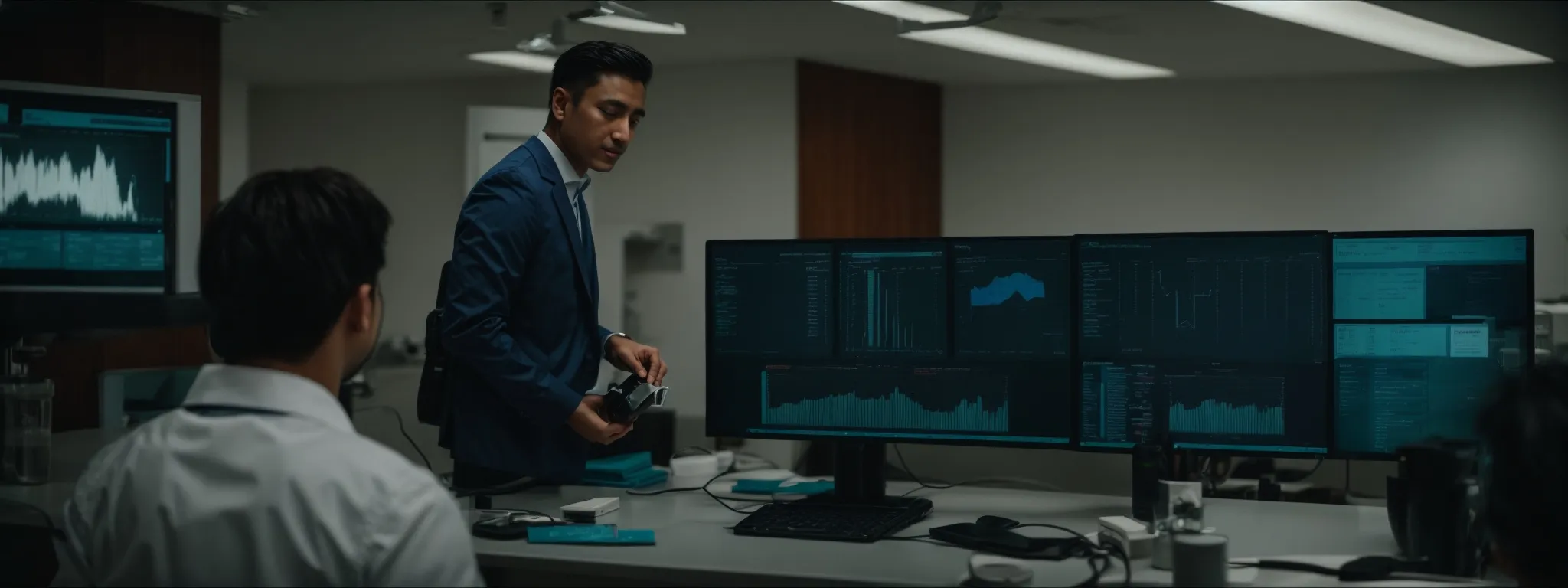 a dentist discussing strategies with a team around a computer, showcasing social media analytics on the screen.