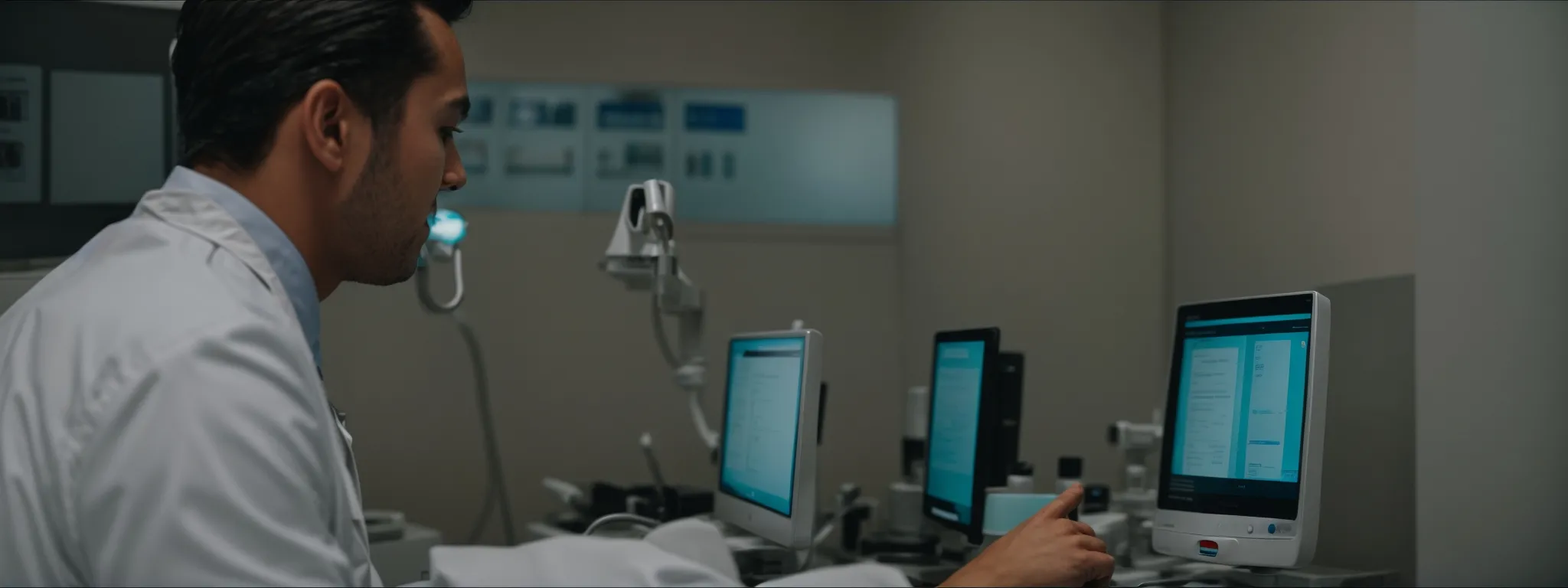 a dentist showing a patient information on a computer screen in a modern dental office.
