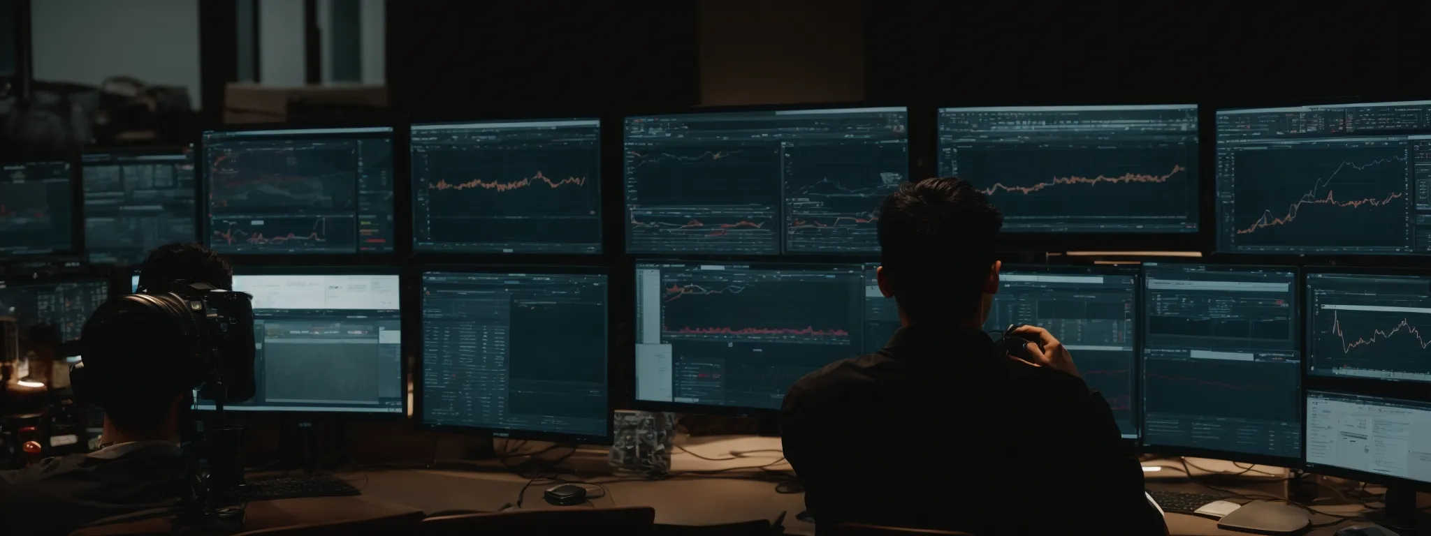 a photographer scrutinizes a sprawling dashboard on a computer screen representing website analytics and performance metrics.