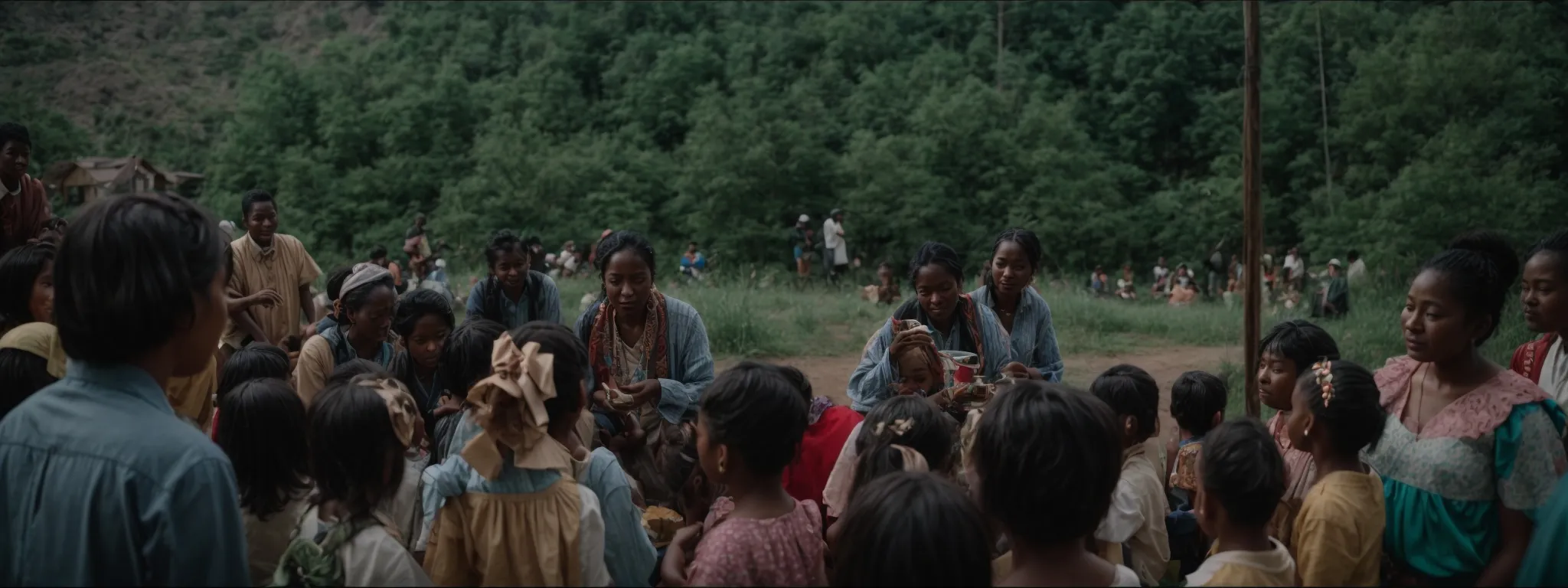a group of people gather attentively around a storyteller at a community event beneath the open sky.