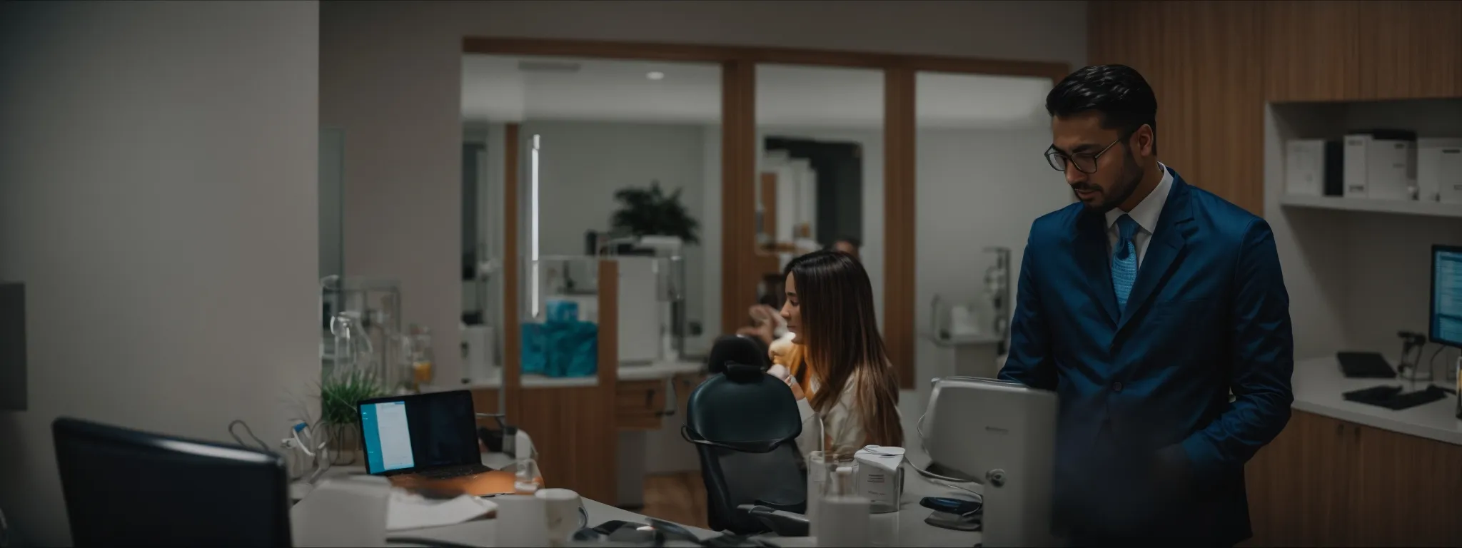 a dentist and a marketing professional discussing strategies over a computer in a modern dental office.